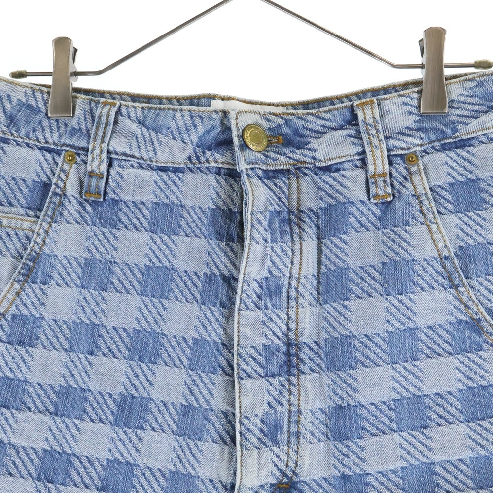 ami paris(アミパリス) カウレザーパッチ チェック柄 ボタンフライデニムショーツ ハーフパンツ HS0600 DE0010 インディゴ レディース