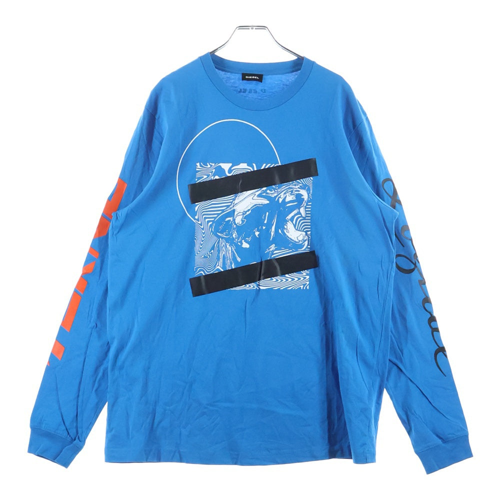 DIESEL(ディーゼル) ロゴスリーブ フロントプリント クルーネック 長袖Tシャツ コットン ブルー