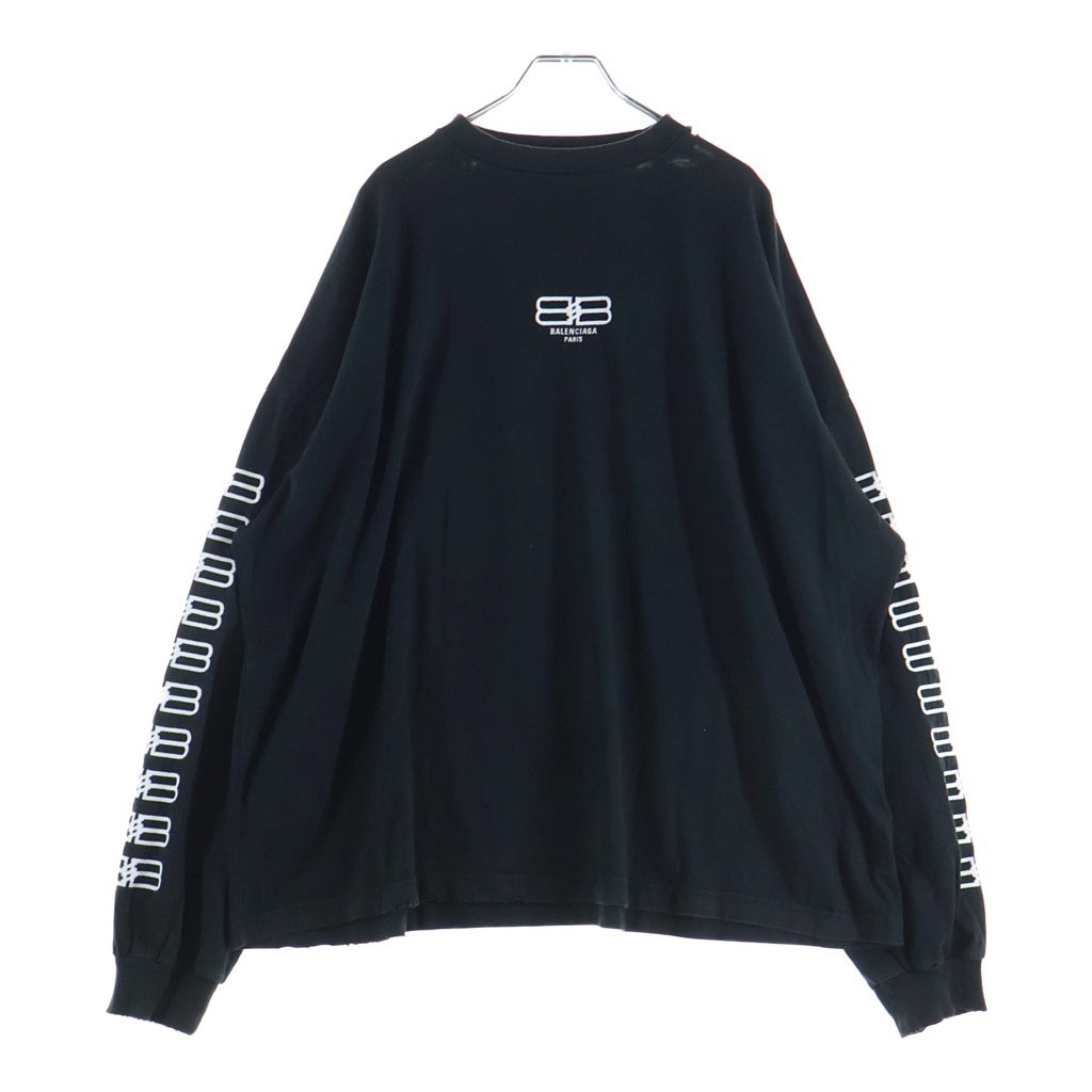 BALENCIAGA(バレンシアガ) 22AW Pre Owned BBロゴ ダメージ加工 ロングスリーブカットソー 長袖Tシャツ 699191 ブラック