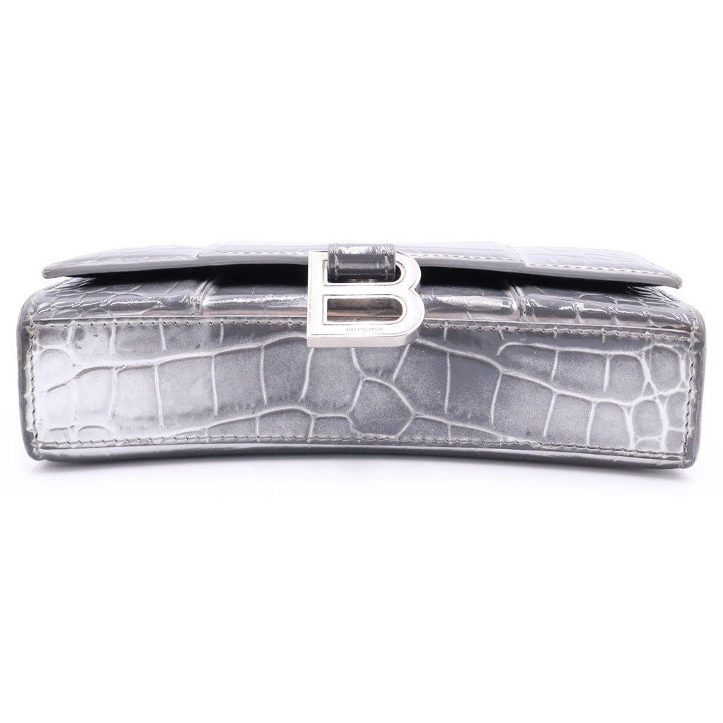 BALENCIAGA(バレンシアガ) アワーグラス クロコ型押しレザー ショルダーバッグ 656050 シルバー レディース