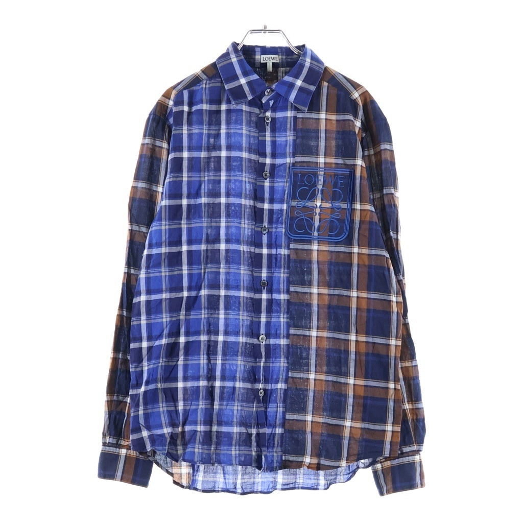 LOEWE(ロエベ) 22SS ポケットロゴ刺繍パッチワーク長袖チェックシャツ ブルー/ブラウン H526Y05W63