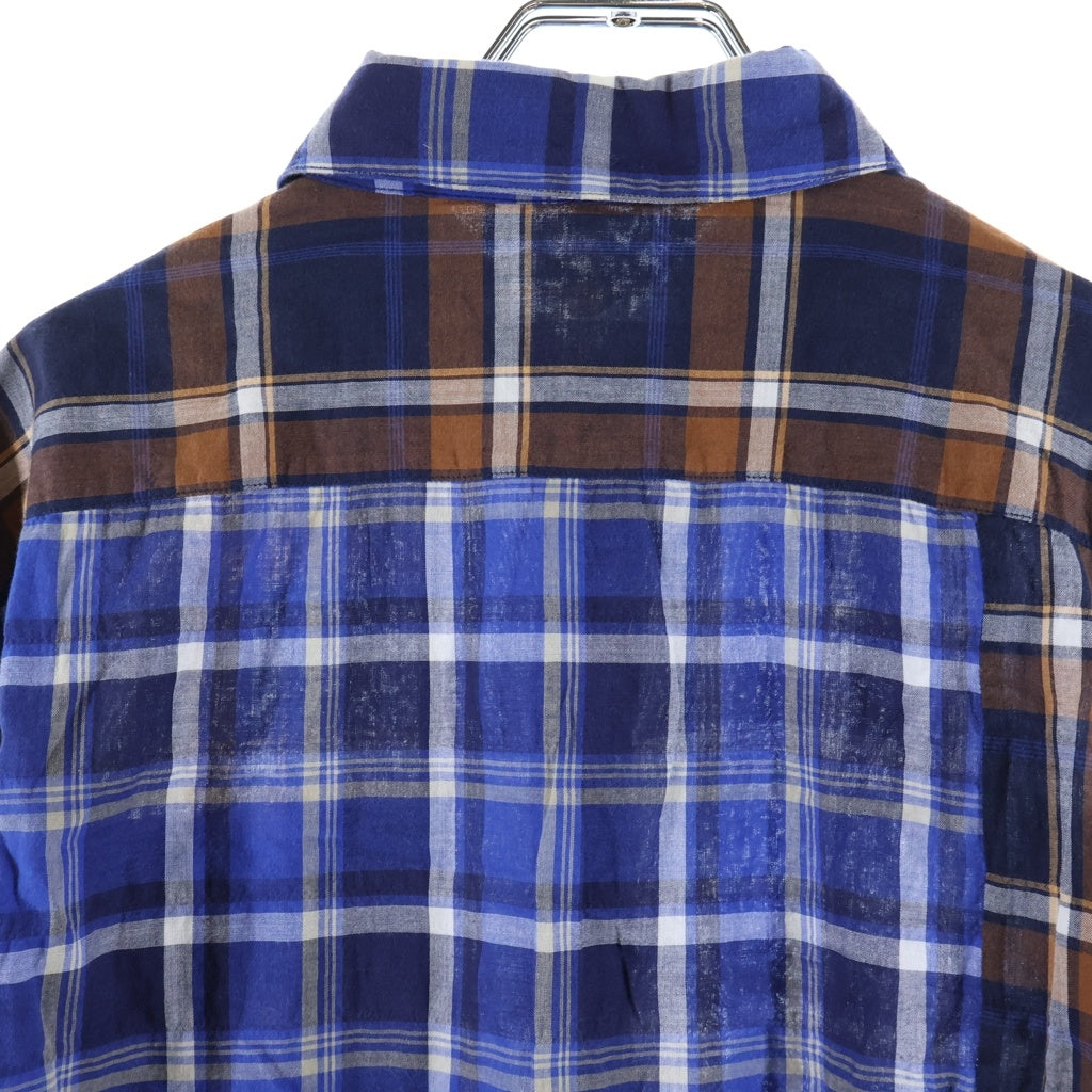 LOEWE(ロエベ) 22SS ポケットロゴ刺繍パッチワーク長袖チェックシャツ ブルー/ブラウン H526Y05W63