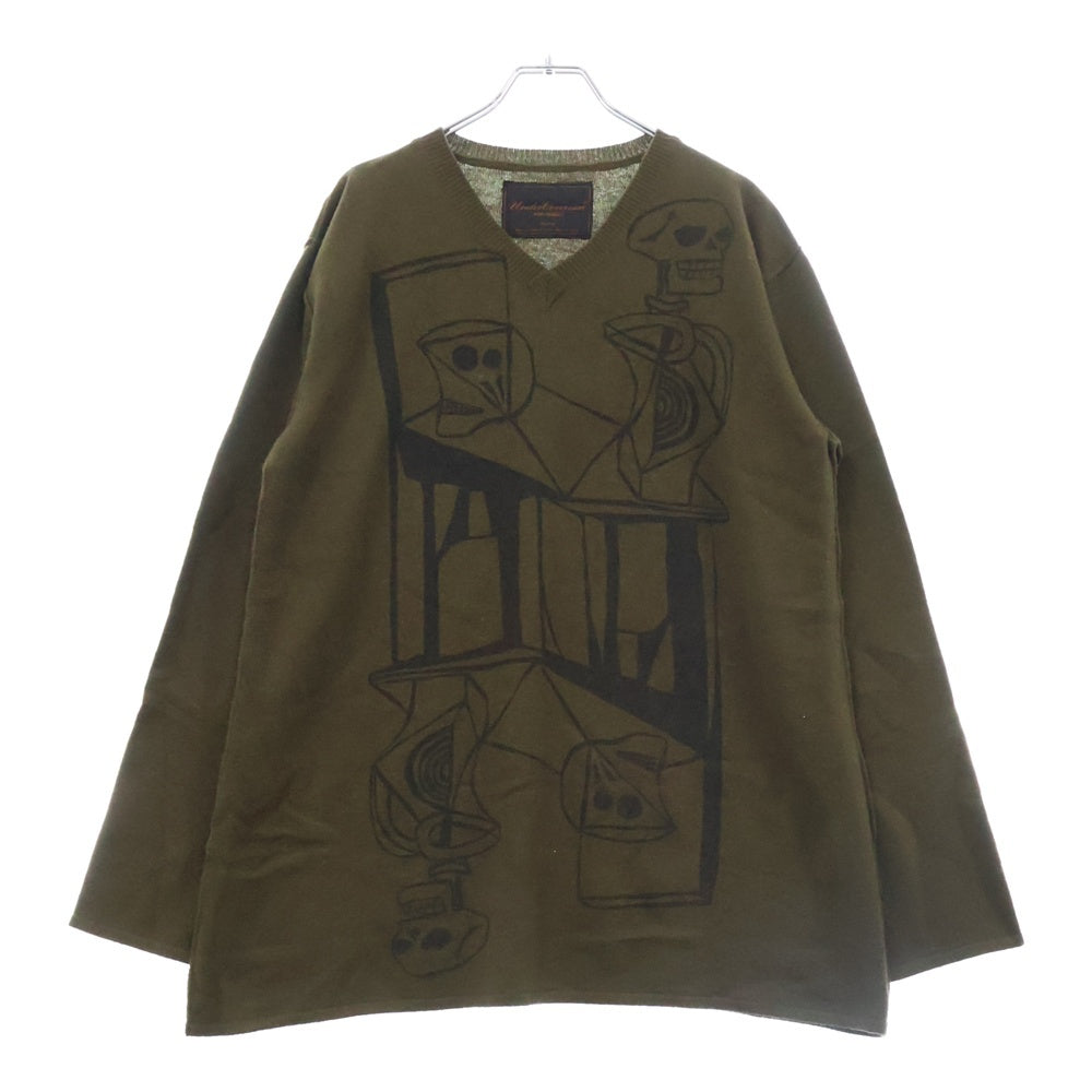 UNDERCOVER ISM(アンダーカバーイズム)  04AW but beautiful期 アーカイブ スカル刺繍 Vネックニットセーター カーキ