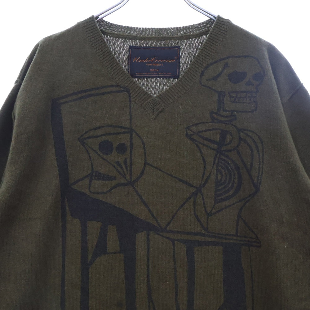 UNDERCOVER ISM(アンダーカバーイズム)  04AW but beautiful期 アーカイブ スカル刺繍 Vネックニットセーター カーキ