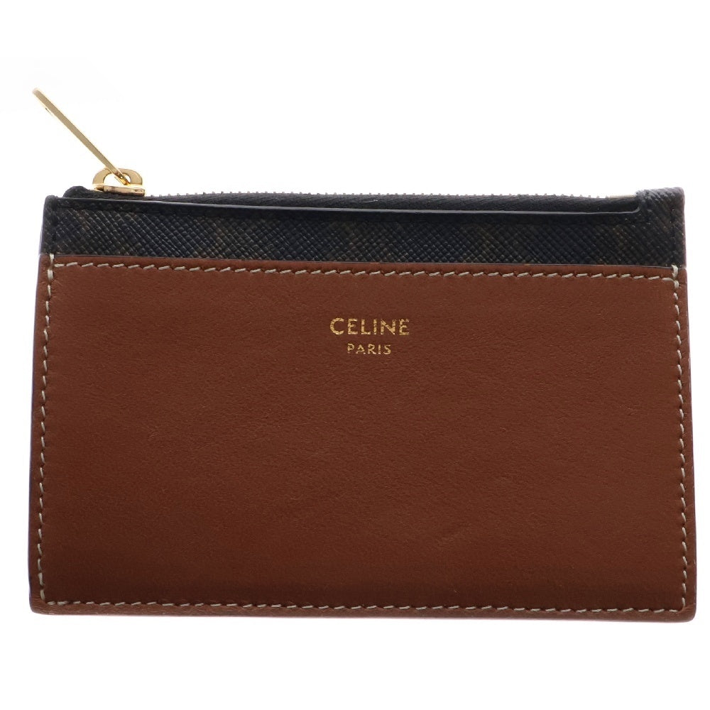 CELINE(セリーヌ) TRIOMPHE CARD HOLDER トリオンフキャンバス ジップ付きレザー カードホルダー 10F992BZ9.04LU ブラウン