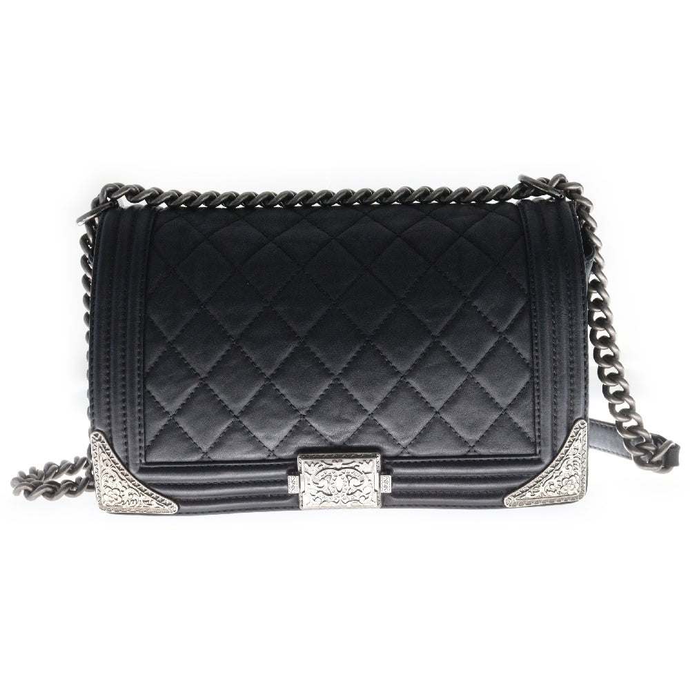 CHANEL(シャネル) シルバーフローラル金具 ラムスキン ボーイシャネル チェーンショルダーバッグ ブラック