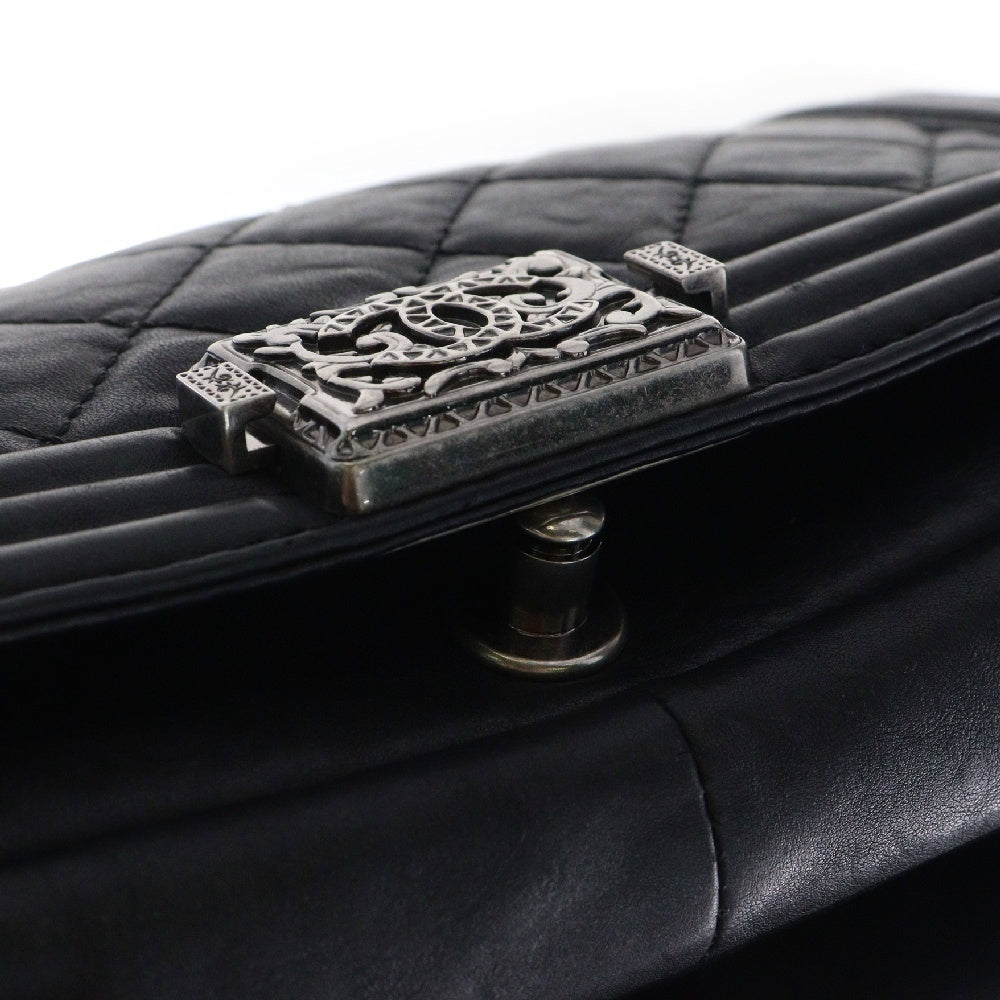 CHANEL(シャネル) シルバーフローラル金具 ラムスキン ボーイシャネル チェーンショルダーバッグ ブラック