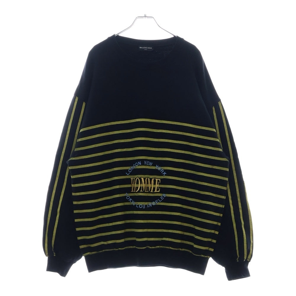 BALENCIAGA(バレンシアガ) 17AW Homme Oversized Sweatshirt フロントロゴ刺繍 ボーダー オーバーサイズ クルーネック スウェット ブラック 485947 TWK22
