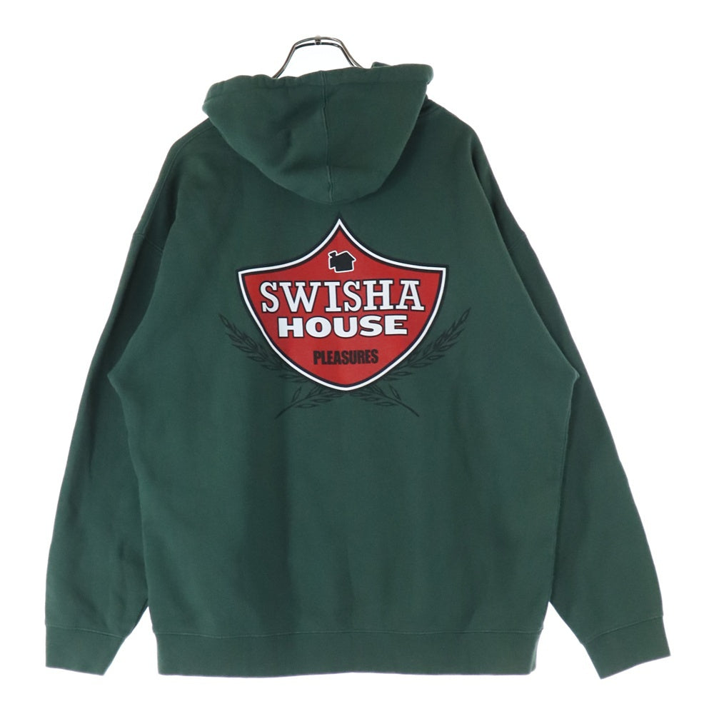 PLEASURES(プレジャーズ) SWISHA HOUSE ロゴプリント フーディプルオーバーパーカー IND4000C グリーン