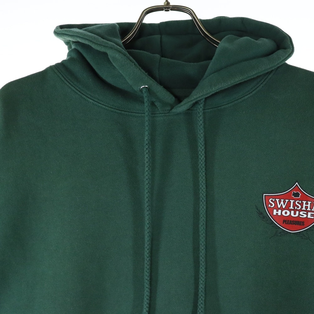 PLEASURES(プレジャーズ) SWISHA HOUSE ロゴプリント フーディプルオーバーパーカー IND4000C グリーン