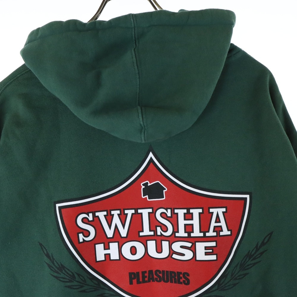PLEASURES(プレジャーズ) SWISHA HOUSE ロゴプリント フーディプルオーバーパーカー IND4000C グリーン