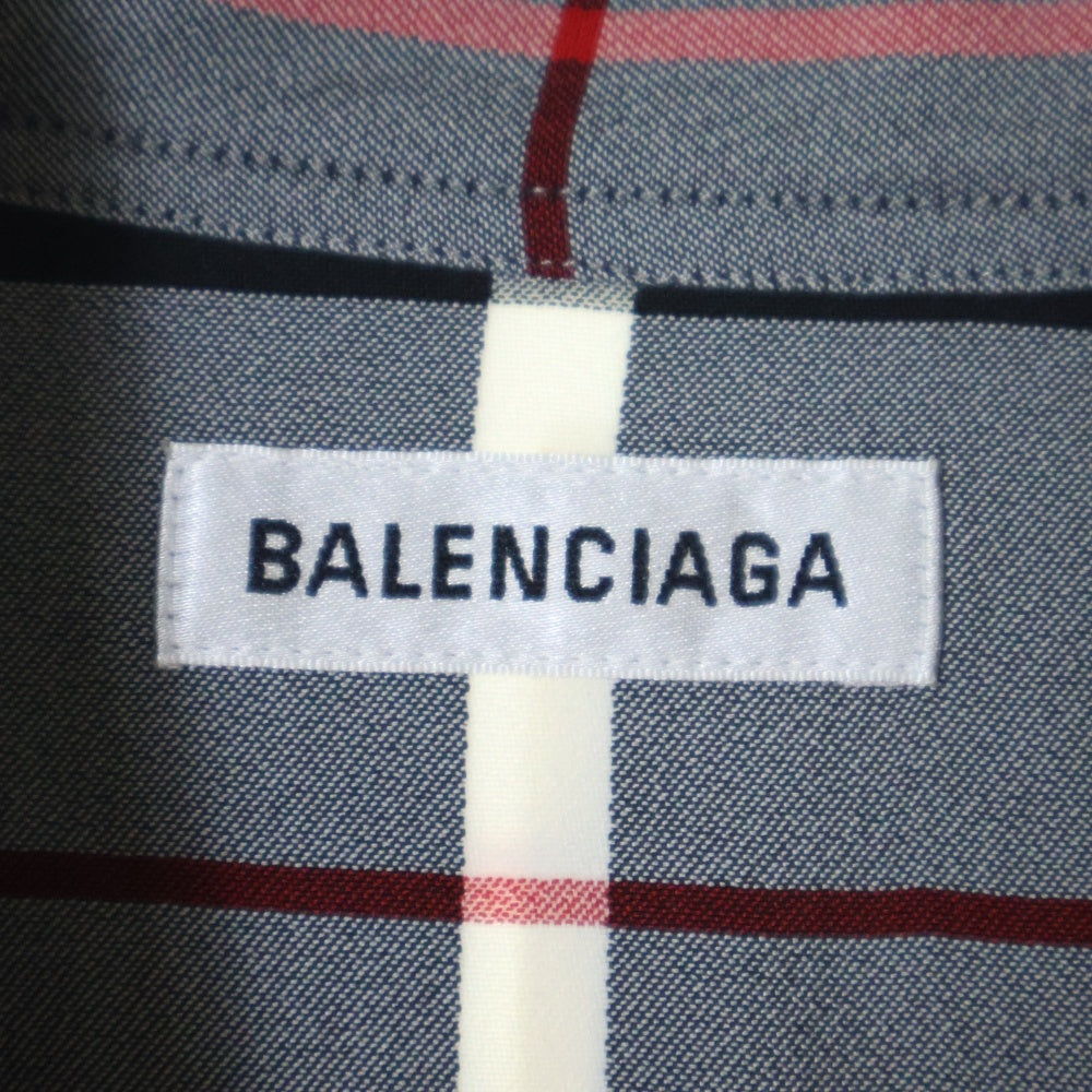 BALENCIAGA(バレンシアガ) バックロゴプリント チェック柄 オーバーサイズシャツ ネイビー