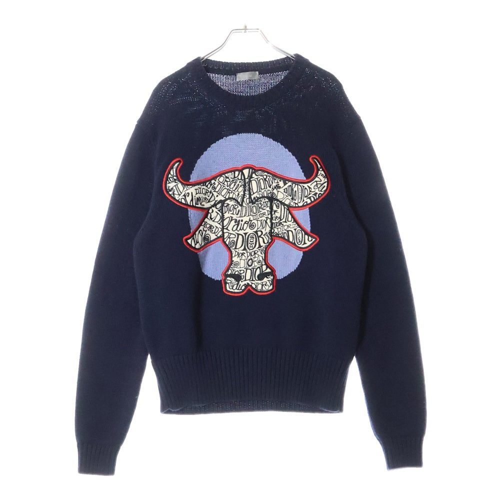 Dior HOMME(ディオールオム) 21SS ×Shawn Stussy SHAWN BULL ロゴ刺繍 ニットセーター ネイビー