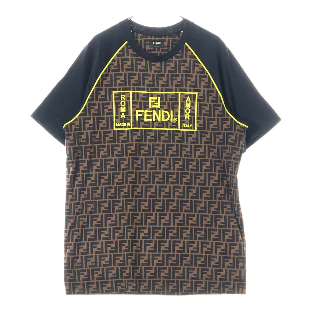 FENDI(フェンディ) ロゴ刺繍 ズッカ総柄 ラグラン半袖クルーネックTシャツカットソー ブラウン FY0980