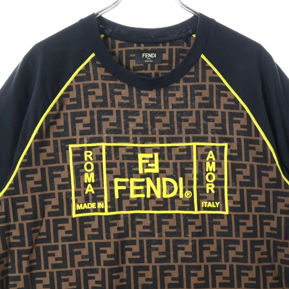 FENDI(フェンディ) ロゴ刺繍 ズッカ総柄 ラグラン半袖クルーネックTシャツカットソー ブラウン FY0980