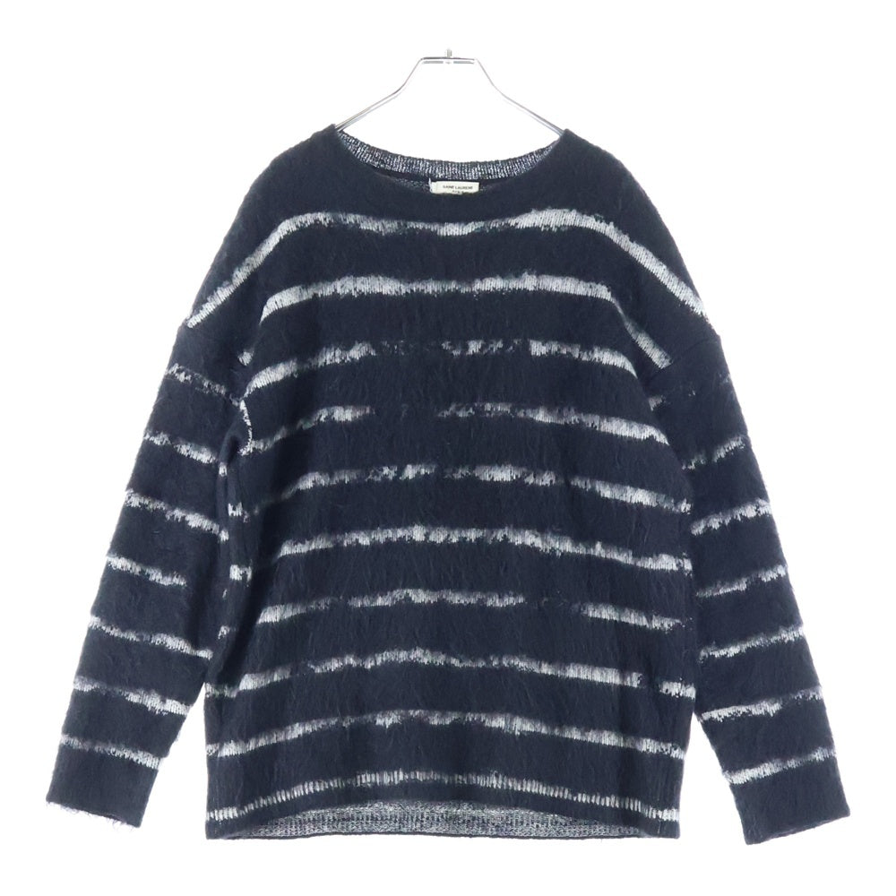 SAINT LAURENT PARIS(サンローランパリ) Interrupted Striped Mohair Blend Pullover ボーダー クルーネックモヘアニット ブラック 663411 Y75BX