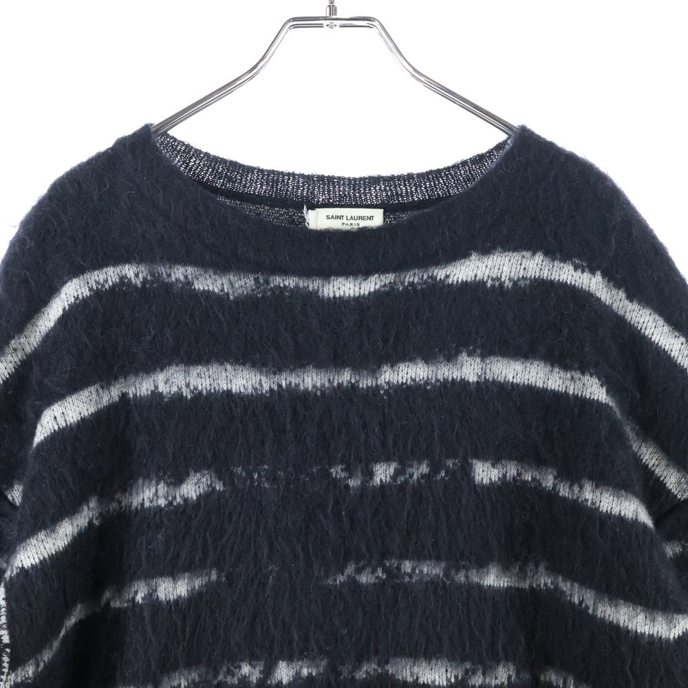 SAINT LAURENT PARIS(サンローランパリ) Interrupted Striped Mohair Blend Pullover ボーダー クルーネックモヘアニット ブラック 663411 Y75BX