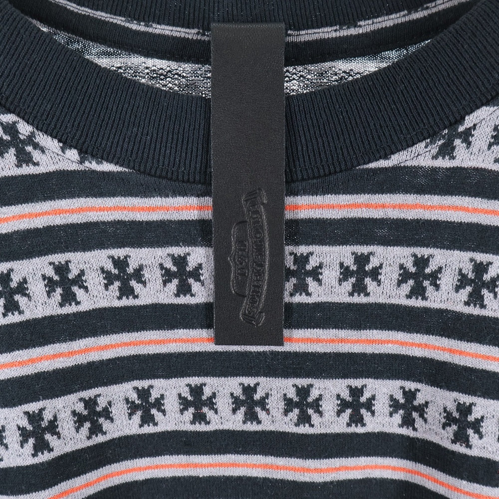 CHROME HEARTS(クロムハーツ) Y Not Stripe Cross Tee クロムハーツ×マッティボーイ ワイノットストライプクロス半袖Tシャツ カットソー ボーダー 総柄 チョンパー 刺繍ロゴ ブラック/グレー
