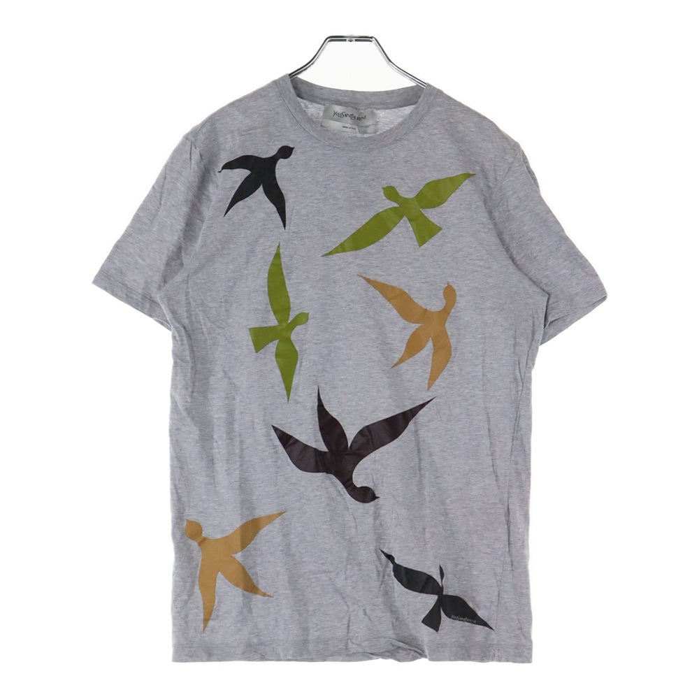 YVES SAINT LAURENT(イヴサンローラン) 総柄バードプリント 半袖クルーネックTシャツカットソー グレー