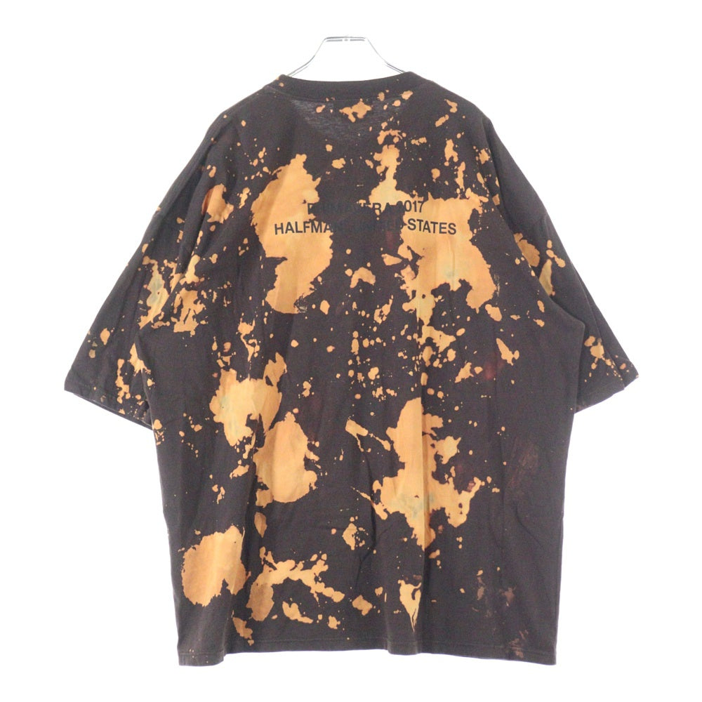 HALFMAN(ハーフマン) ブリーチ加工 ロゴプリント クルーネック半袖Tシャツ ブラウン