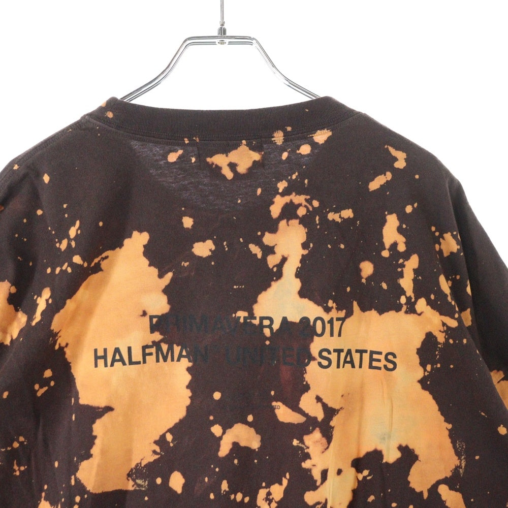 HALFMAN(ハーフマン) ブリーチ加工 ロゴプリント クルーネック半袖Tシャツ ブラウン