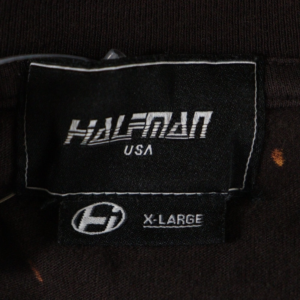 HALFMAN(ハーフマン) ブリーチ加工 ロゴプリント クルーネック半袖Tシャツ ブラウン