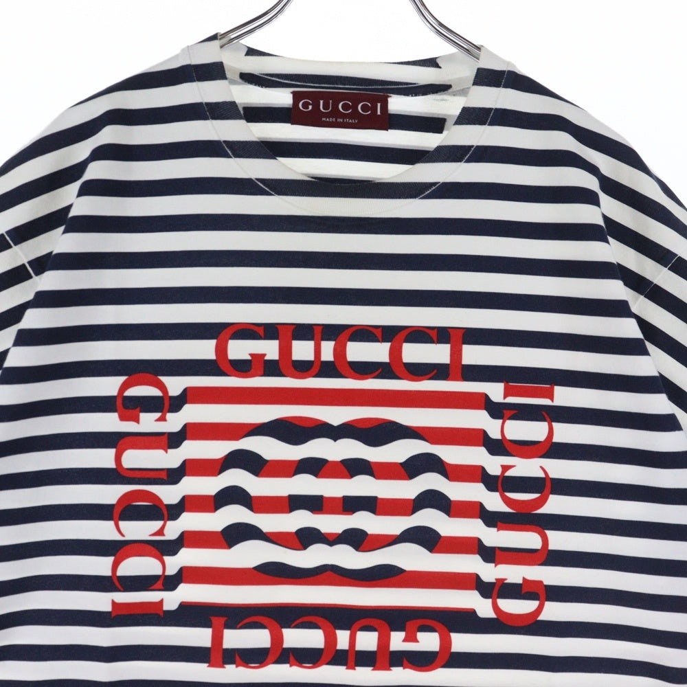 GUCCI(グッチ) ロゴプリント ボーダー柄 クルーネック半袖Tシャツカットソー ホワイト/ネイビー 833925 XJHDL 4632
