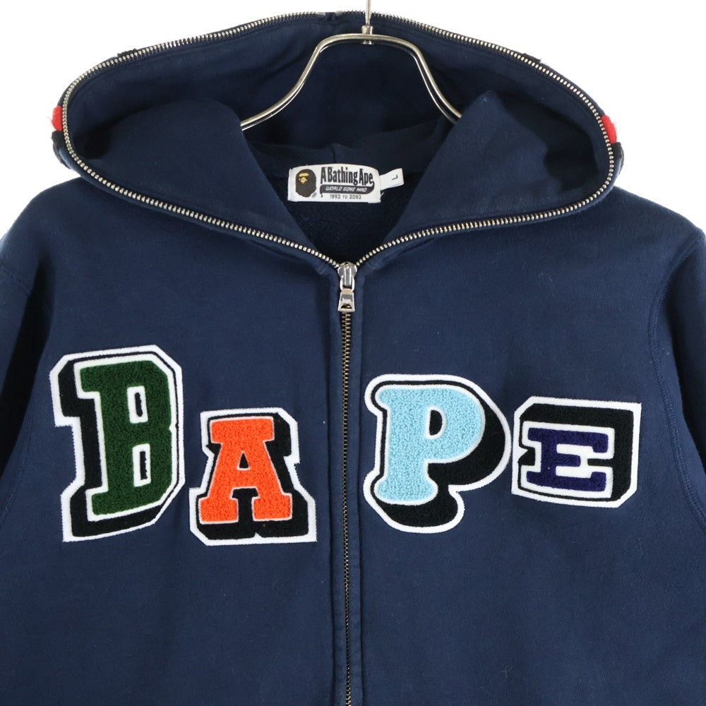 A BATHING APE(アベイシングエイプ) MULTIFONT SSHARK FULLZIP ロゴワッペン シャーク フルジップパーカー ネイビー 001ZPI301001M