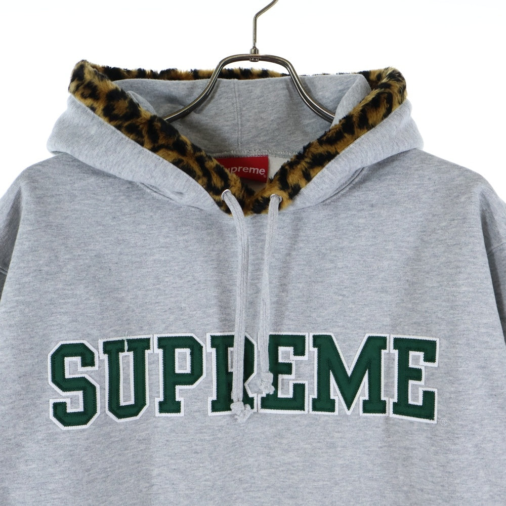 SUPREME(シュプリーム) 21AW Leopard Trim Hooded Sweatshirt レオパードフーディ フロントロゴ プルオーバーパーカー グレー