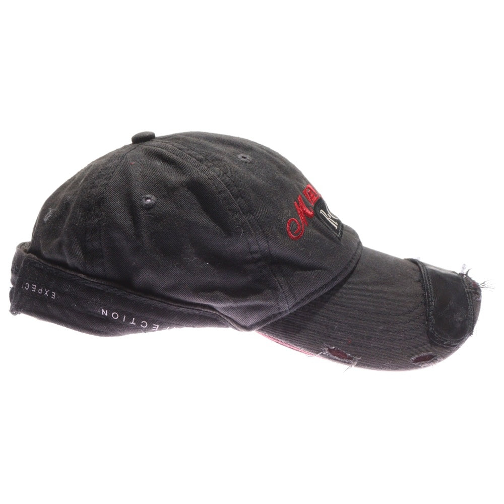 MARTINE ROSE(マーティンローズ) ROLL BACK CAP LEATHER PATCH ロゴ刺繍 レザーパッチ ダメージ加工 キャップ ブラック