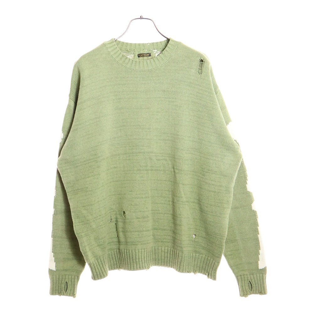KAPITAL(キャピタル) 5G cotton knit BONE crew sweater バックボーンデザイン ダメージニットセーター カーキ