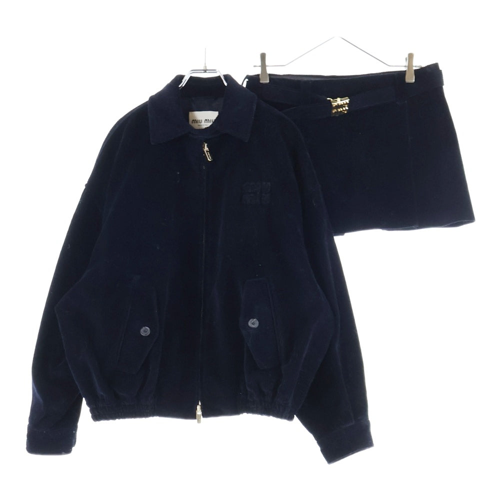 miumiu(ミュウミュウ) 胸ロゴ コーデュロイ ブルゾンジャケット ロゴバックル ミニスカート セットアップ ネイビー レディース