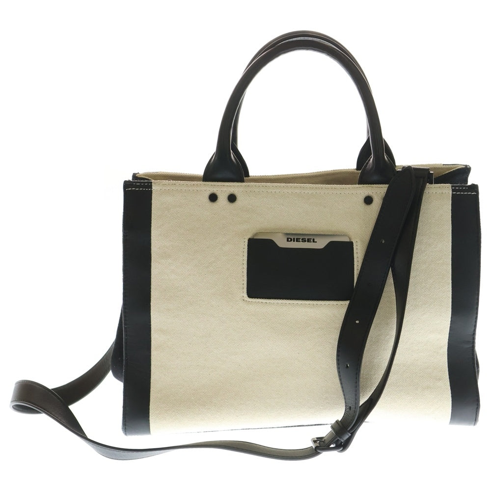DIESEL(ディーゼル) 2WAY キャンバス 切替 レザー バイカラー 2トーンハンドバッグ ショルダーバッグ アイボリー/ブラック レディース