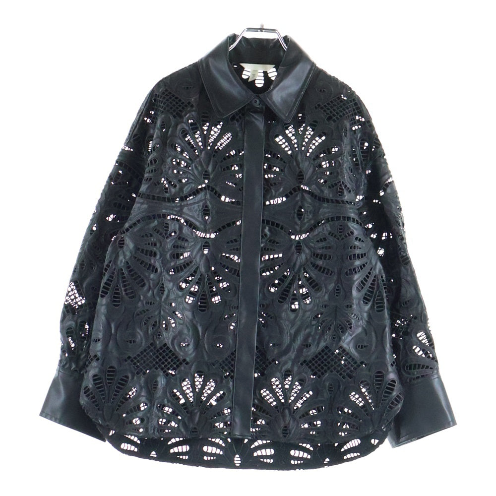 H&M(エイチアンドエム) フローラル装飾 フェイクレザー シャツジャケット ブラック レディース
