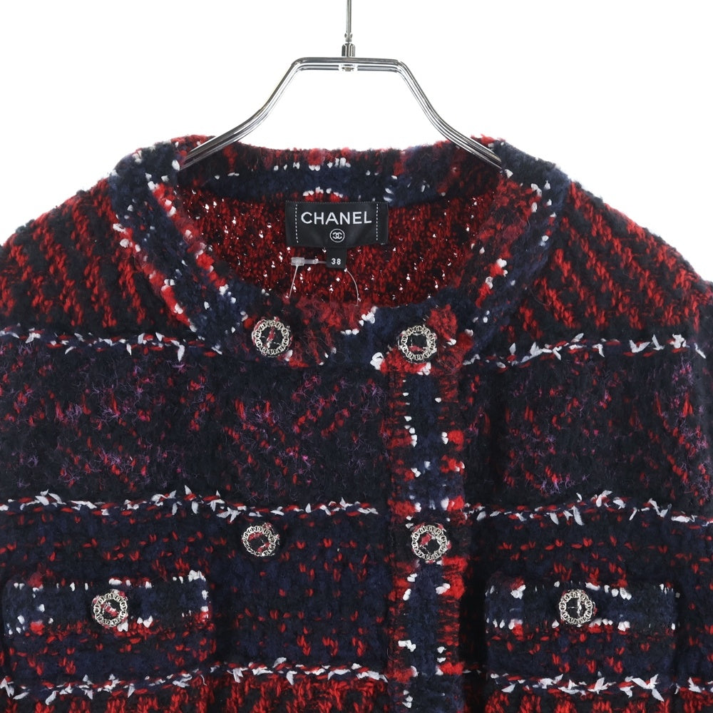 CHANEL(シャネル) Tweed Jacket シルク アルパカ混 ノーカラー ツイードジャケット P75716 ネイビー/レッド レディース