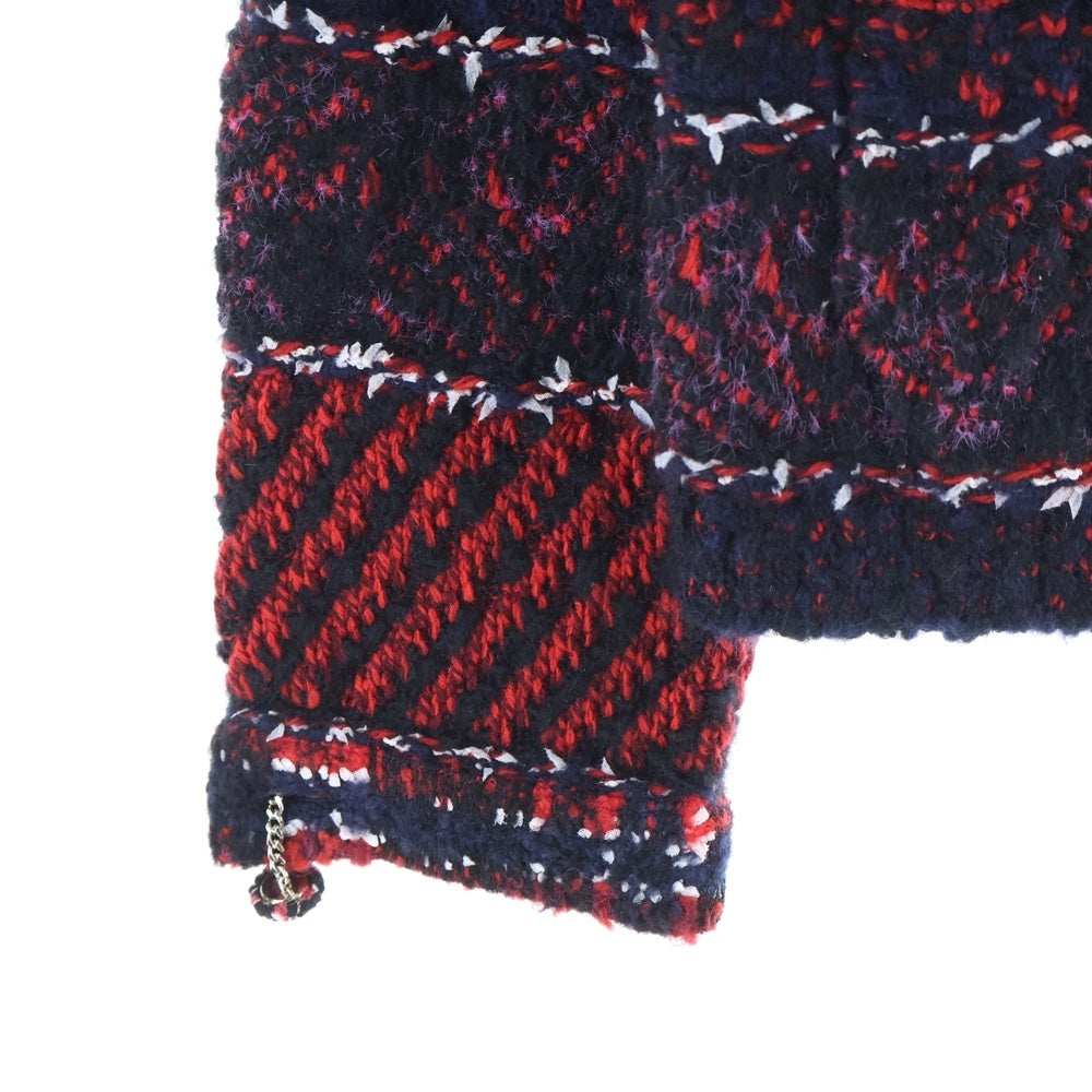 CHANEL(シャネル) Tweed Jacket シルク アルパカ混 ノーカラー ツイードジャケット P75716 ネイビー/レッド レディース