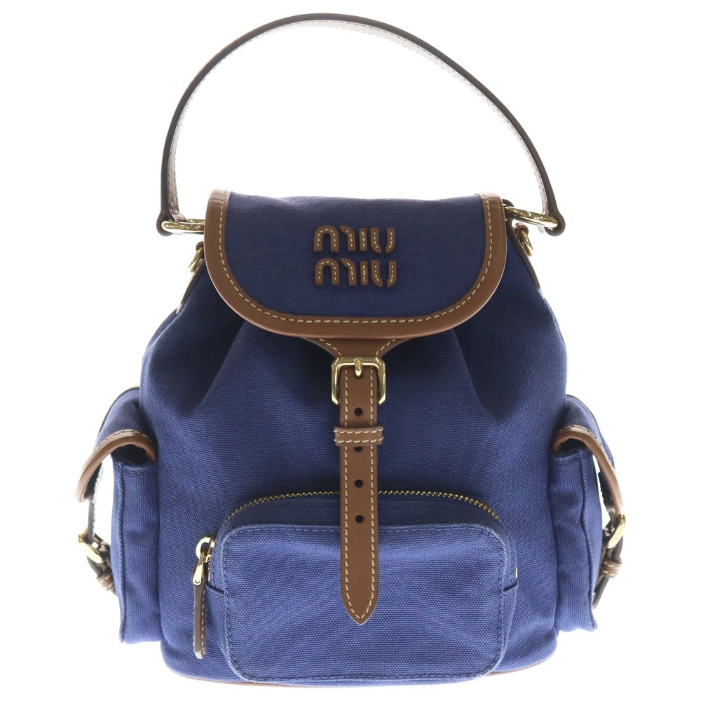 miumiu(ミュウミュウ) レザーハンドル切替キャンバスロゴバックパック リュック ブルー/ブラウン 5BZ043_2IBQ_F04KB_V_OOO レディース
