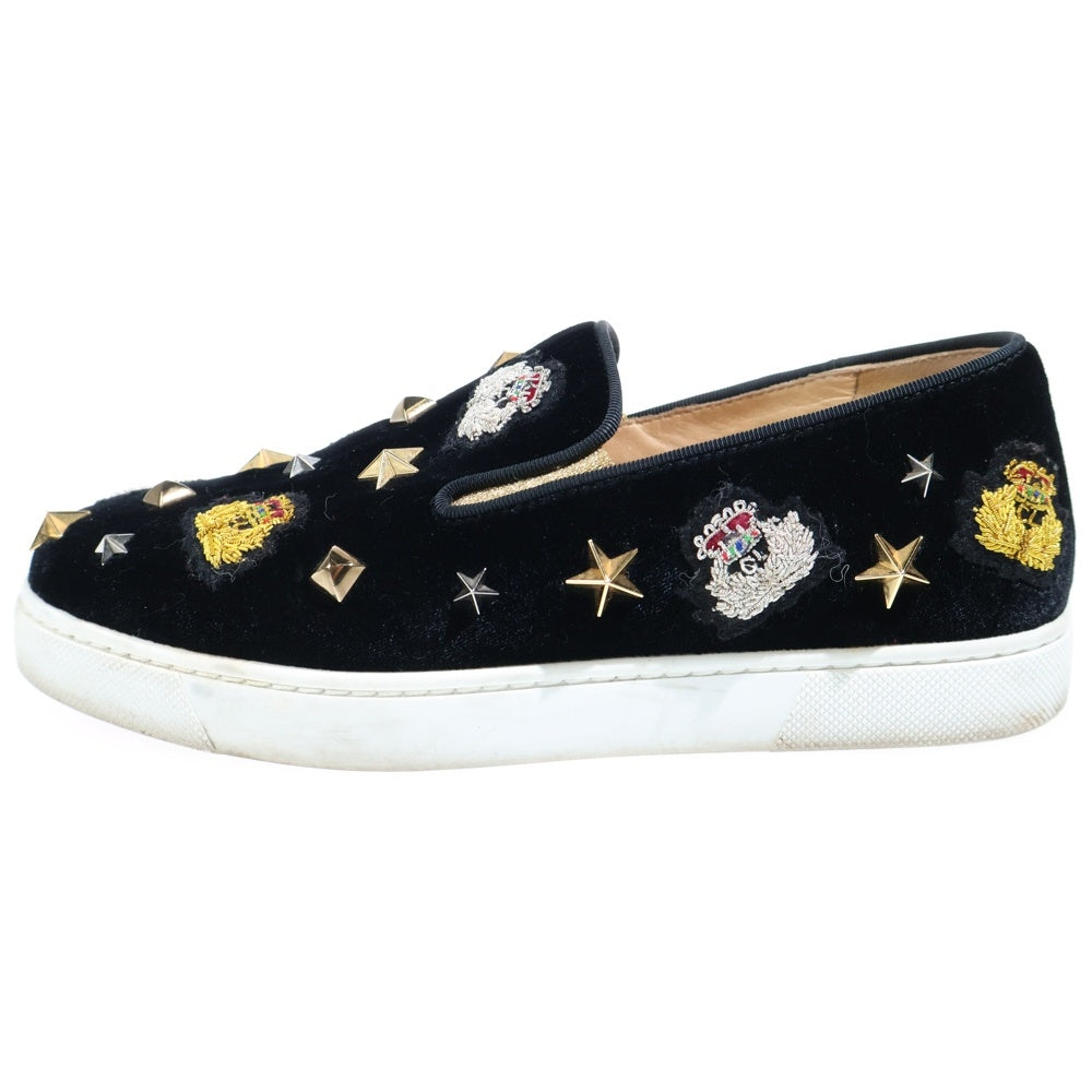 CHRISTIAN LOUBOUTIN(クリスチャンルブタン) スタッズ マルチワッペン装飾 ベロアスリッポン シューズ ブラック レディース