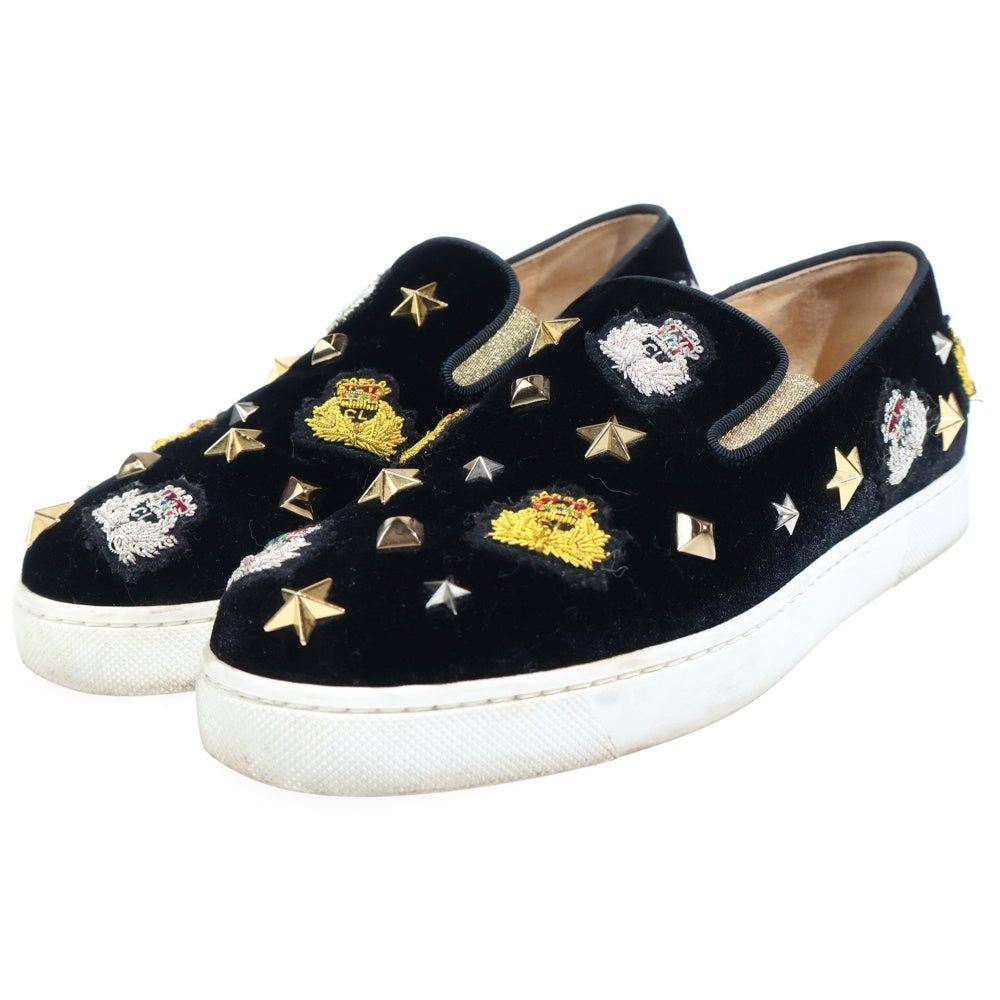 CHRISTIAN LOUBOUTIN(クリスチャンルブタン) スタッズ マルチワッペン装飾 ベロアスリッポン シューズ ブラック レディース