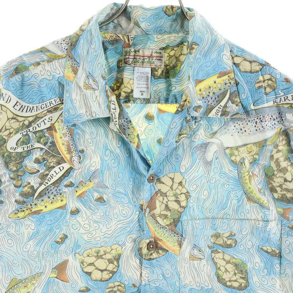 PATAGONIA(パタゴニア) 00s 05SS パタロハ ポルトガル製 LIMITED トラウト フィッシング 柄合わせ オーガニックコットン シルク混 アロハシャツ ブルー 総柄