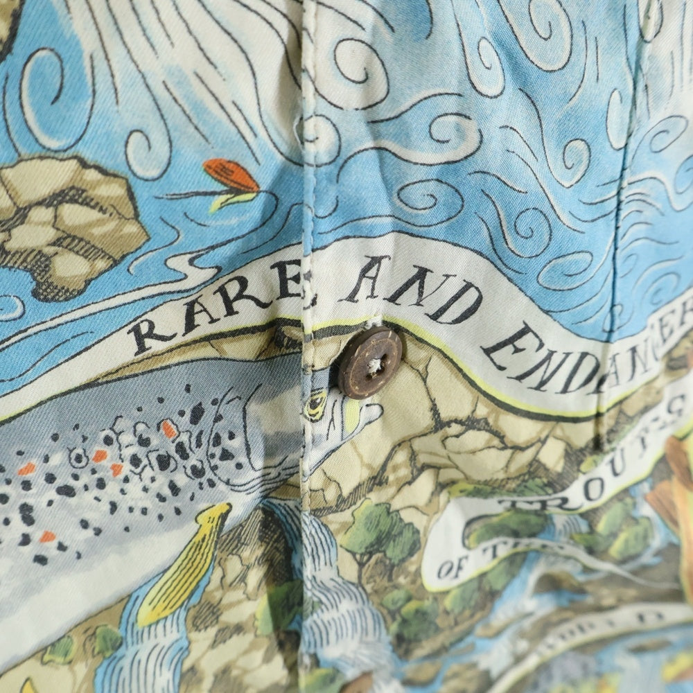 PATAGONIA(パタゴニア) 00s 05SS パタロハ ポルトガル製 LIMITED トラウト フィッシング 柄合わせ オーガニックコットン シルク混 アロハシャツ ブルー 総柄