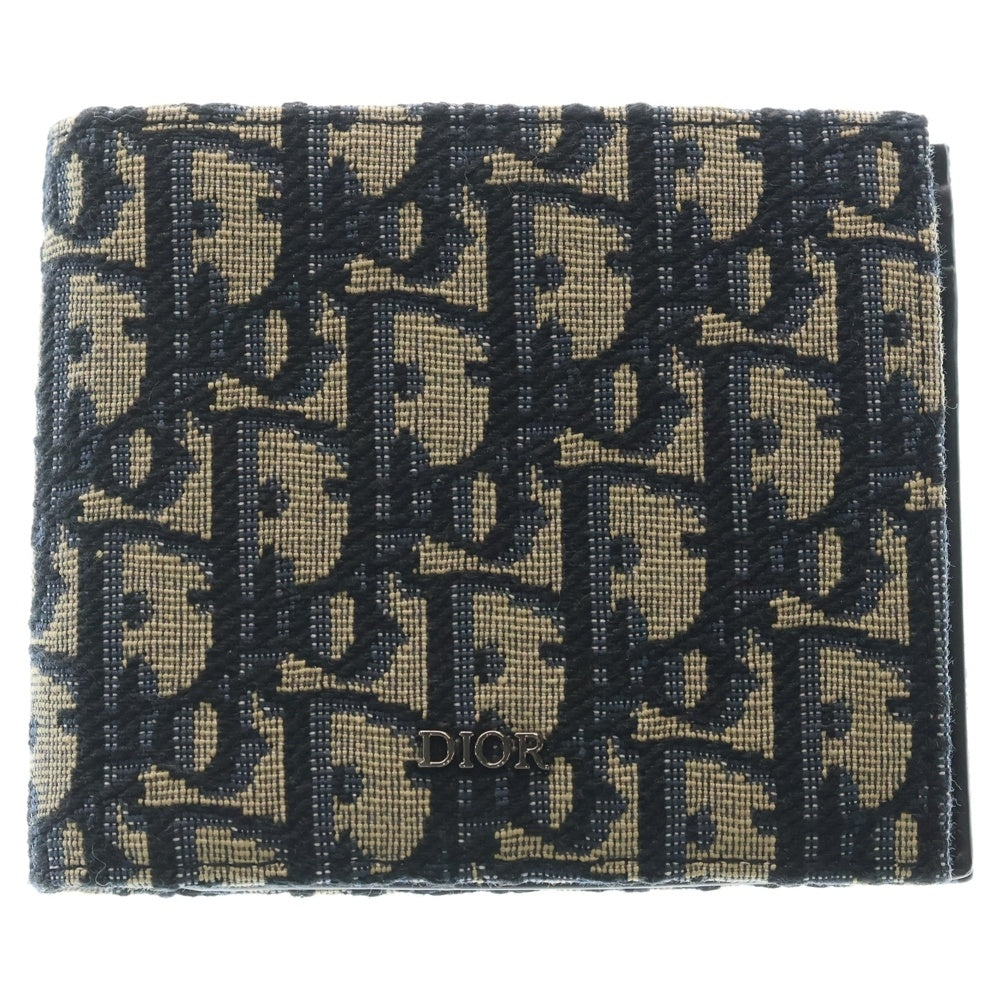 Christian Dior(クリスチャンディオール) オブリーク 二つ折り財布 ネイビー キャンバス コンパクトウォレット グレー レディース