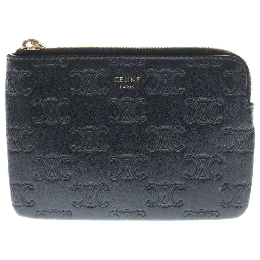 CELINE(セリーヌ) トリオンフ コインケース カードケース ポーチ レザー エンボス ロゴ フック付き 10C663 ブラック レディース