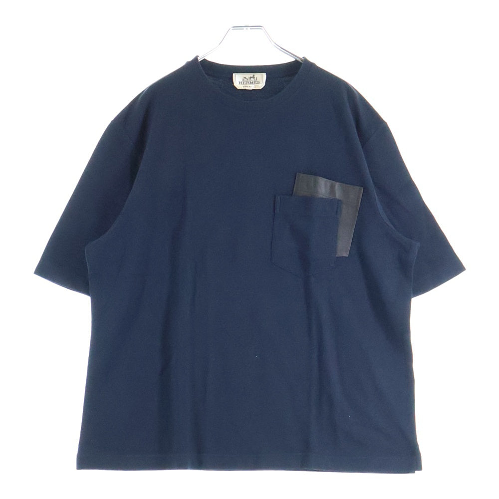 HERMES(エルメス) レザーポケット クルーネック半袖Tシャツカットソー ネイビー