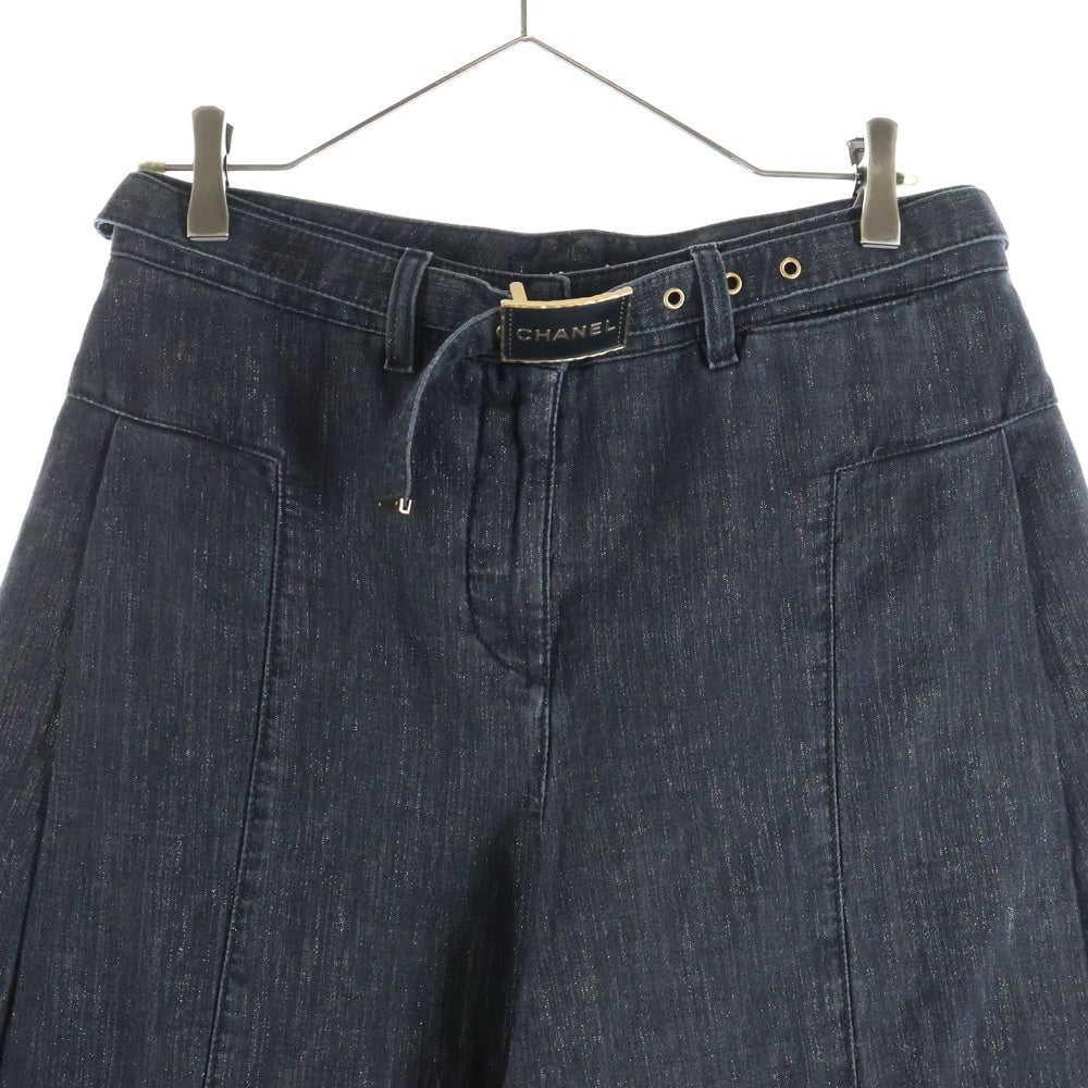 CHANEL(シャネル) ラメ加工 ロゴバックルベルト スーパーワイドデニムパンツ P74945 V66450 ブラック レディース