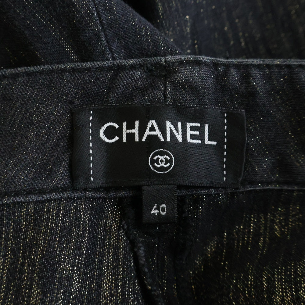 CHANEL(シャネル) ラメ加工 ロゴバックルベルト スーパーワイドデニムパンツ P74945 V66450 ブラック レディース