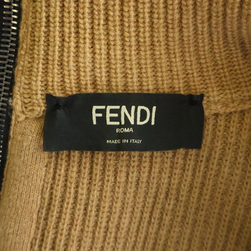 FENDI(フェンディ) 2トンカラー ジップアップ フロントアップリケロゴ ニットセーター ブラウン/ブラック