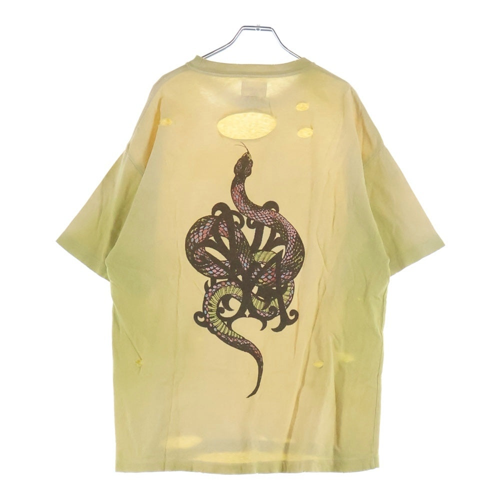KAMIYA(カミヤ) KMY-SNAKE Distressed バックスネークプリント デストロイ クルーネック半袖Tシャツ イエロー G14TS080