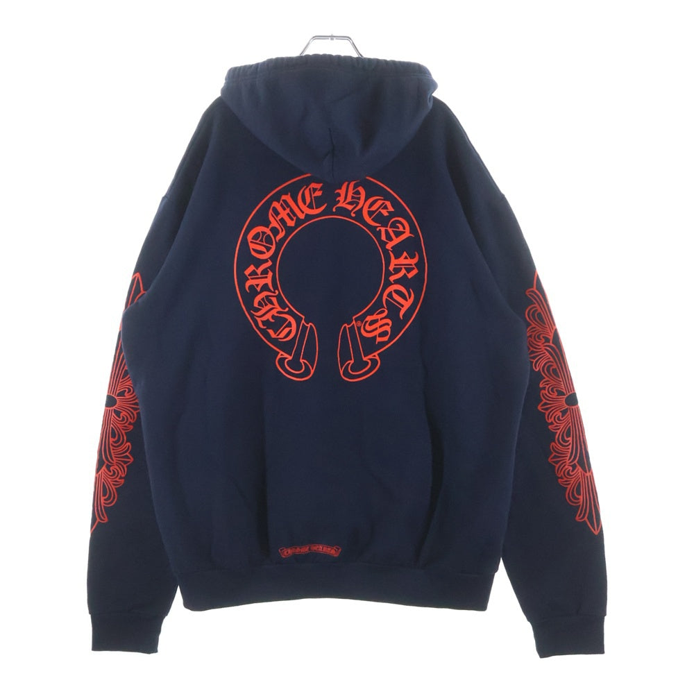 CHROME HEARTS(クロムハーツ) SWTSHRT PLVR バックホースシュー袖フローラルプリント フーディプルオーバーパーカー ネイビー/レッド