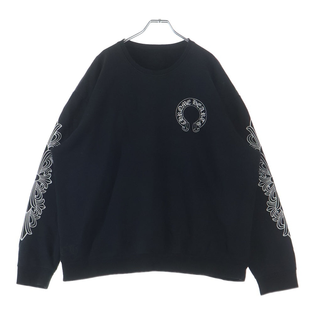 CHROME HEARTS(クロムハーツ) HORSESHOE CREW SWEATSHIRT ホースシュープリント 袖フローラル クルーネックスウェットトレーナー ブラック